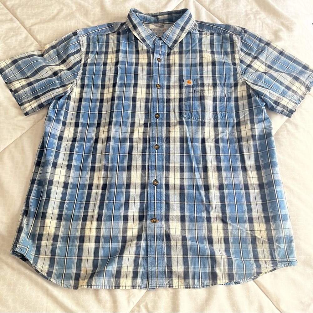 CARHARTT Relaxed Fit Blue Plaid Short Sleeve Button Down Work Shirt